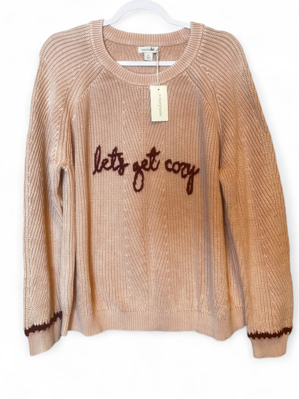 NWT Sundance Pink Knit Sweater "Let's Get Cozy" Embroidery Size XL